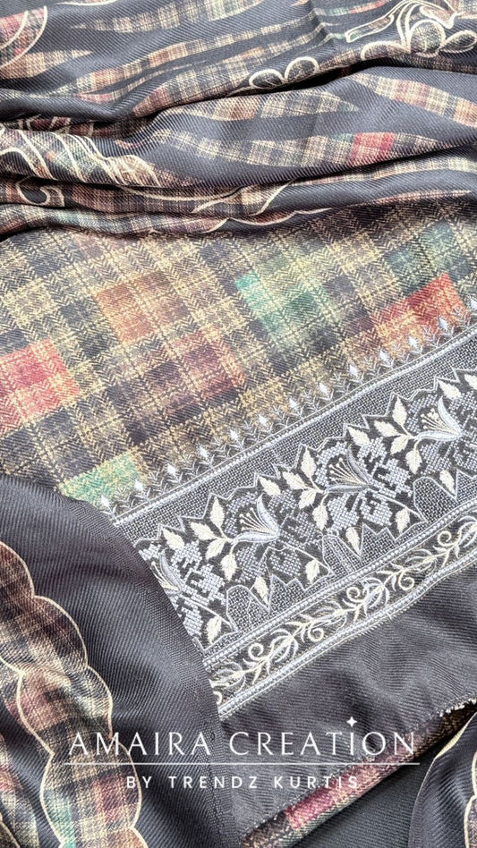 Premium Black Pashmina Fabric Check Pattern Unstitched Suits