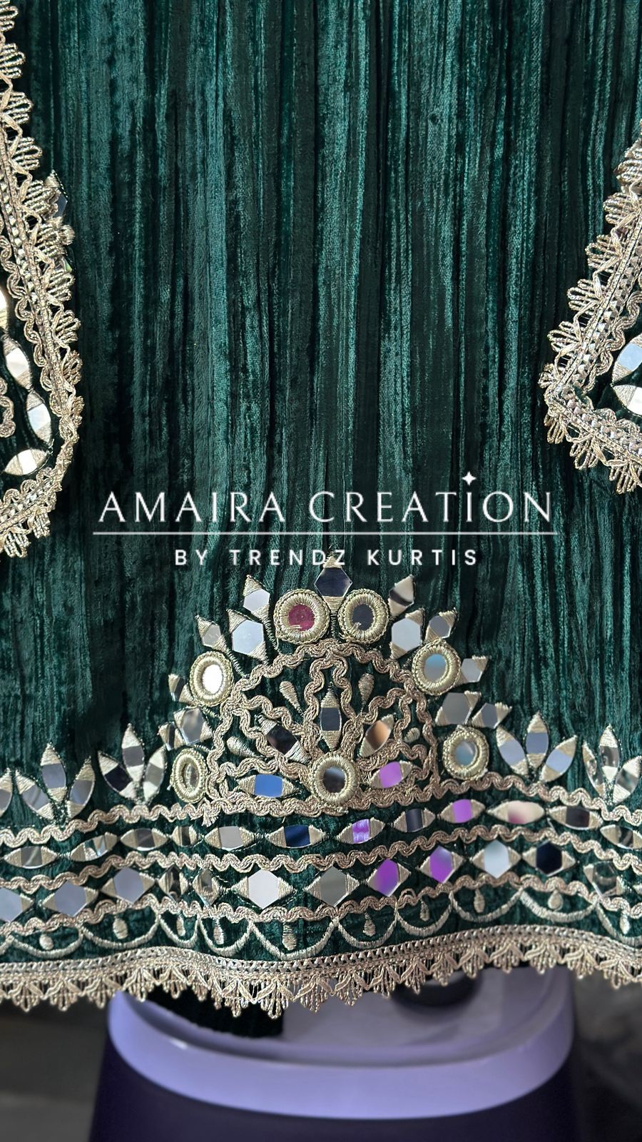 Premium Green Crush Velvet Original Mirror & Zari Unstitch Set