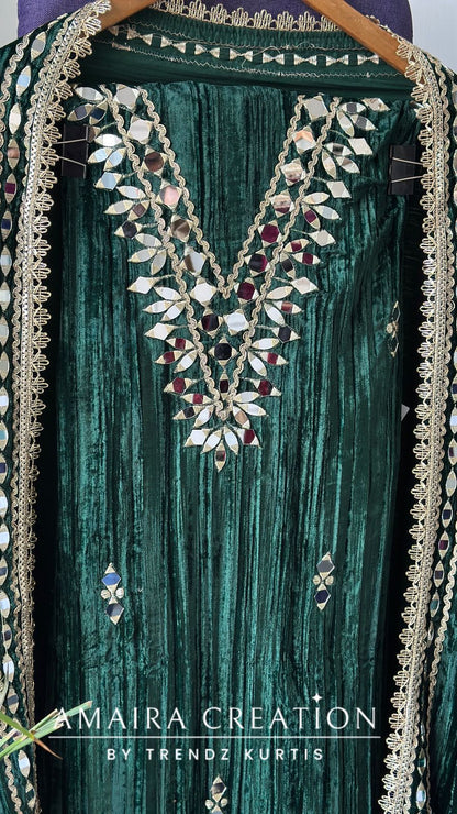 Premium Green Crush Velvet Original Mirror & Zari Unstitch Set