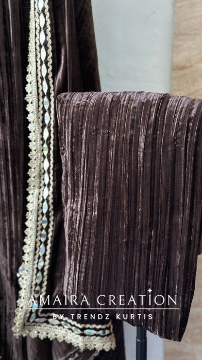 Premium Chocolate Crush Velvet Original Mirror & Zari Unstitch Set