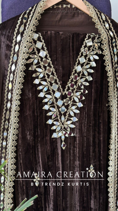 Premium Chocolate Crush Velvet Original Mirror & Zari Unstitch Set