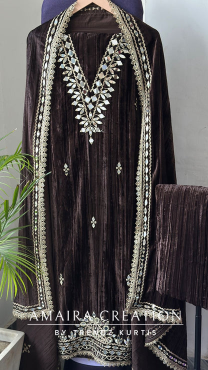 Premium Chocolate Crush Velvet Original Mirror & Zari Unstitch Set