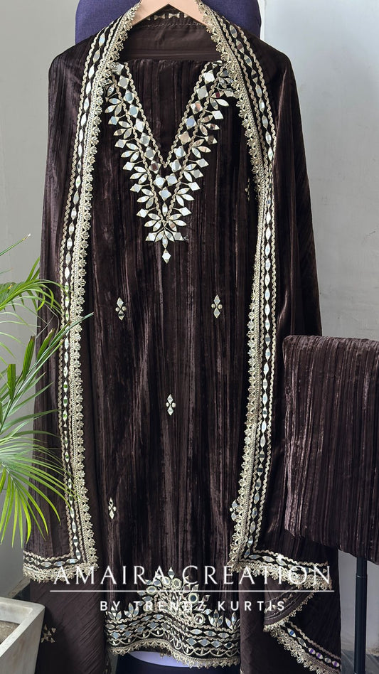 Premium Chocolate Crush Velvet Original Mirror & Zari Unstitch Set