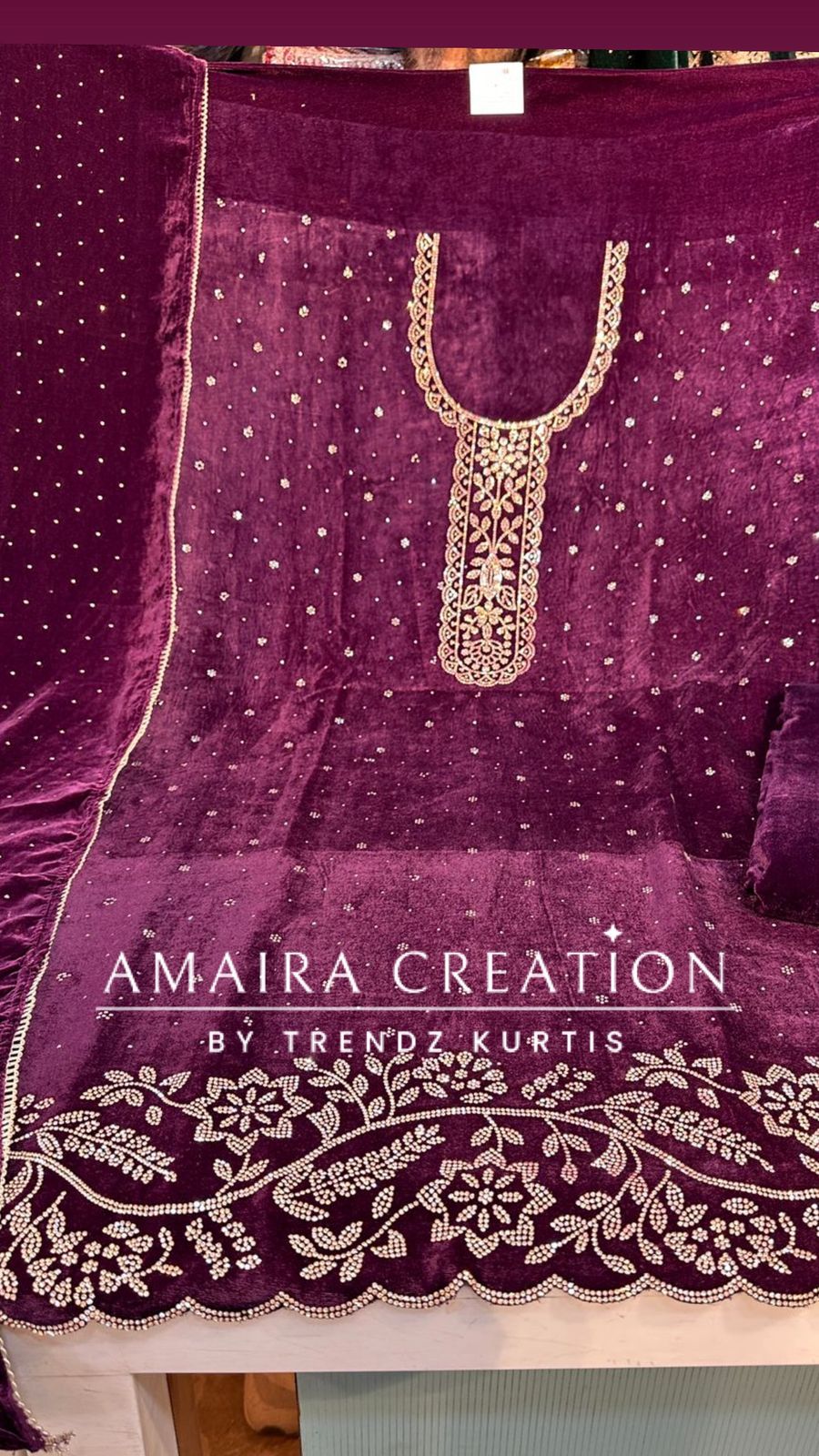 Premium Wine Velvet Siroski Work Detailing Unstitched Suit