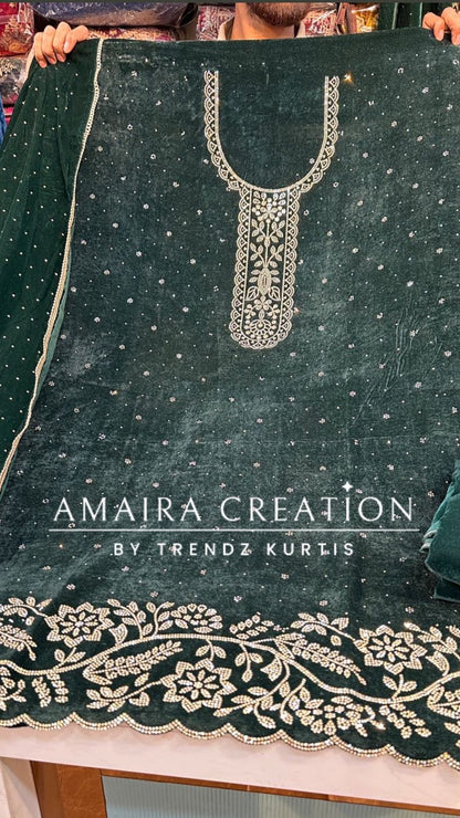 Premium Green Velvet Siroski Work Detailing Unstitched Suit