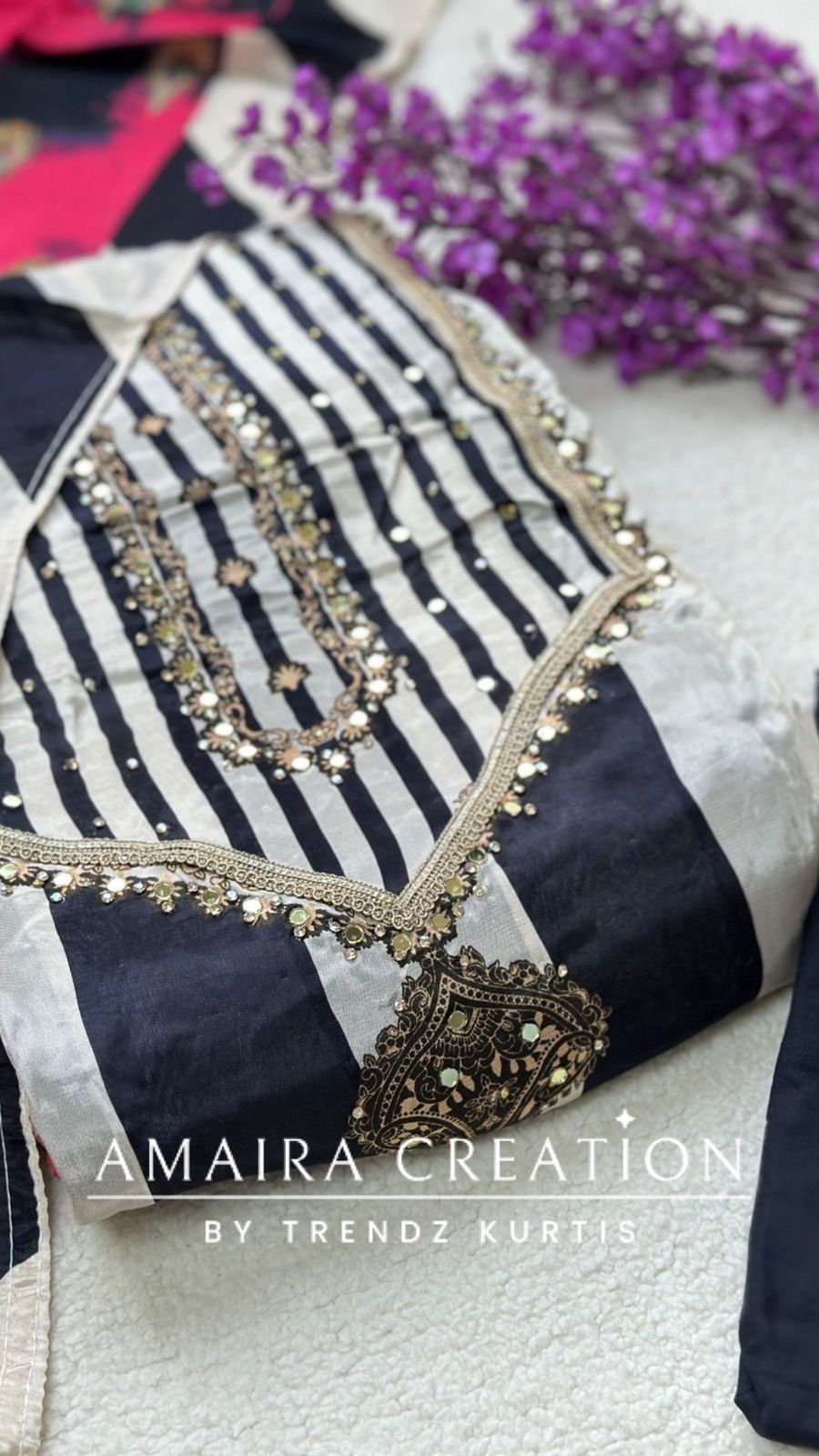 Premium Crepe Beige Black Unstitched Suit With Beautiful Crepe Dupatta