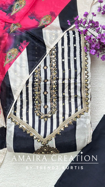 Premium Crepe Beige Black Unstitched Suit With Beautiful Crepe Dupatta