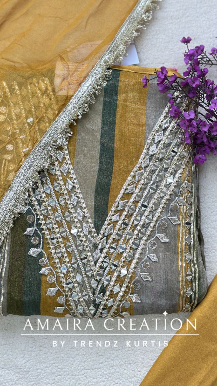 Premium Glass Tissue Mustard Olive Green Unstitched Suit With Gotta Patti & Original Mirror Work Deatiling