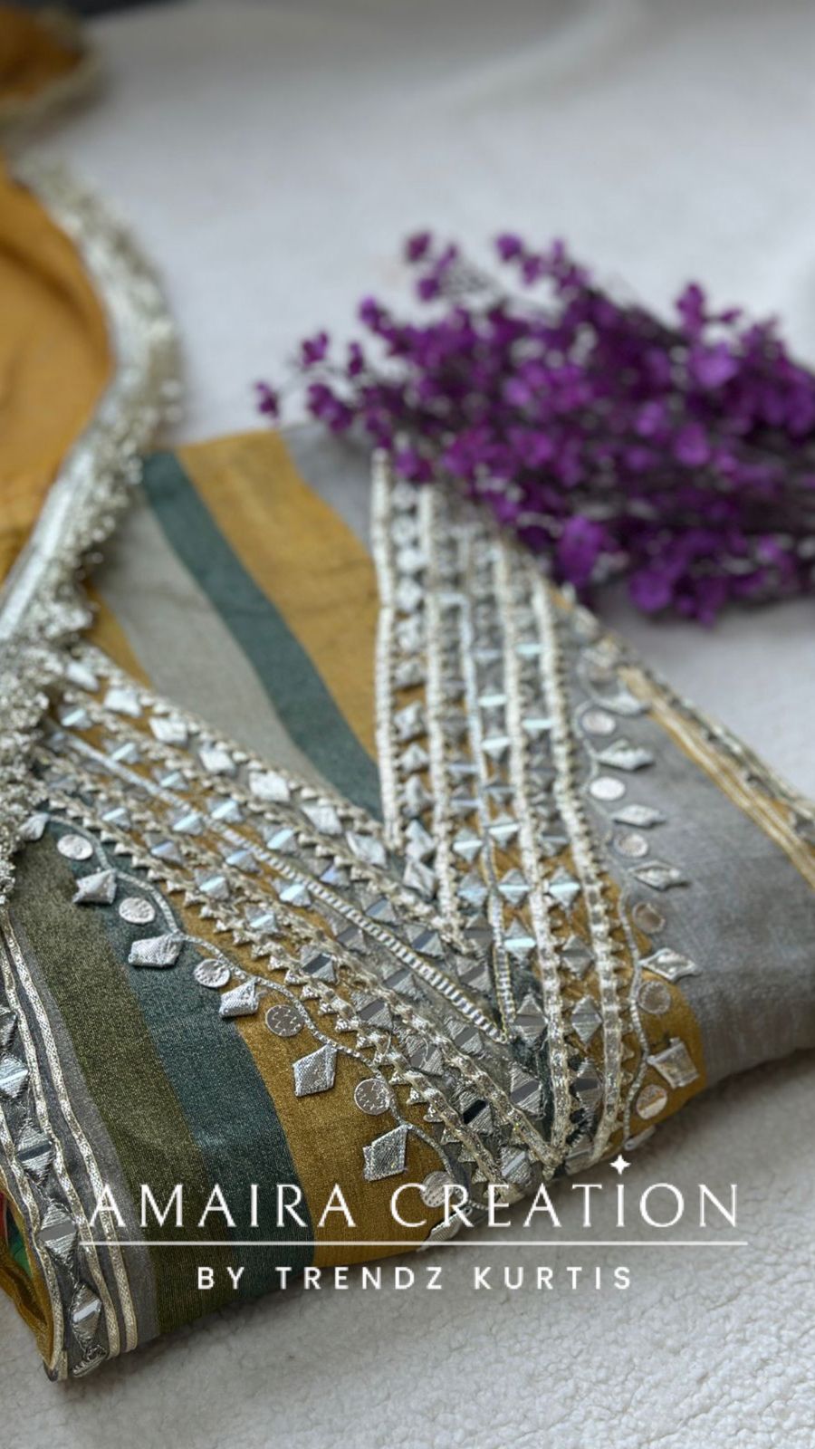 Premium Glass Tissue Mustard Olive Green Unstitched Suit With Gotta Patti & Original Mirror Work Deatiling