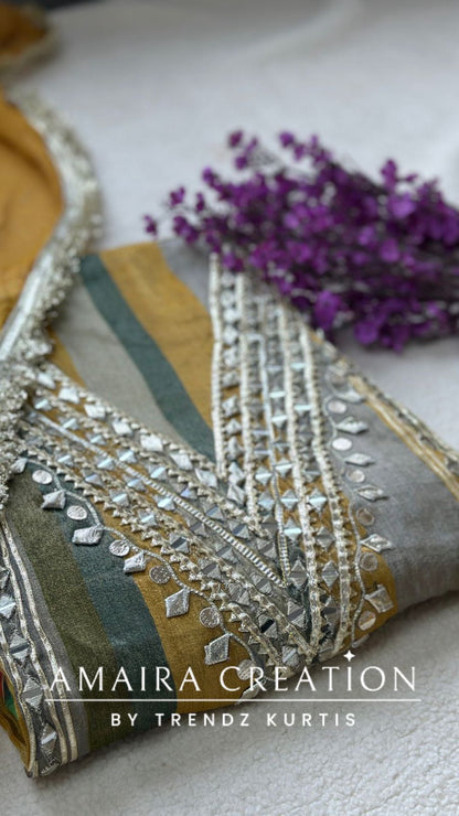 Premium Glass Tissue Mustard Olive Green Unstitched Suit With Gotta Patti & Original Mirror Work Deatiling