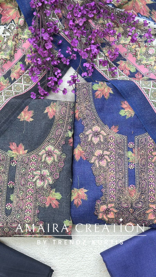 Premium Pashmina Floral Print Unstitched Suit With Beautiful Embroidery Detailing On neck
