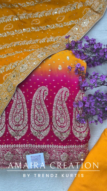 Premium Chinnon Yellow Magenta Unstitch Set With Bandhej Dupatta