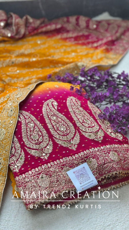 Premium Chinnon Yellow Magenta Unstitch Set With Bandhej Dupatta