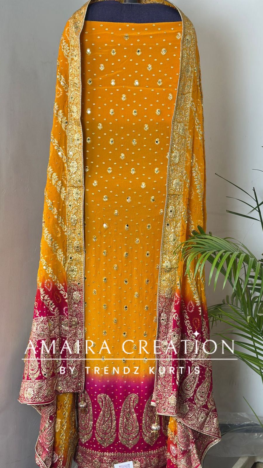 Premium Chinnon Yellow Magenta Unstitch Set With Bandhej Dupatta