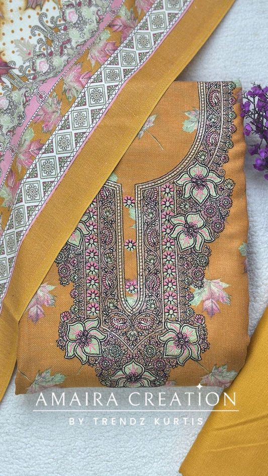 Pashmina Mustard floral unstitched suit