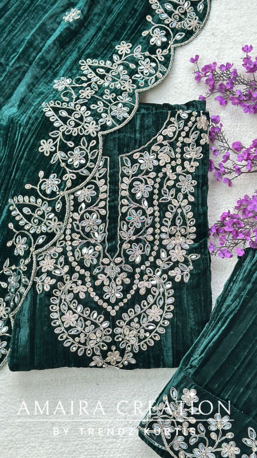 Premium Green Velvet Mirror & Zari Work Unstitched Suit