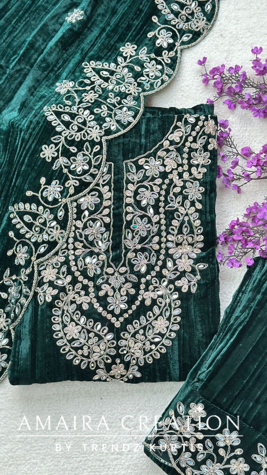 Premium Green Velvet Mirror & Zari Work Unstitched Suit