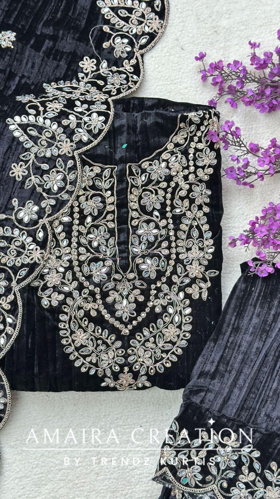 Premium Black Velvet Mirror & Zari Work Unstitched Suit