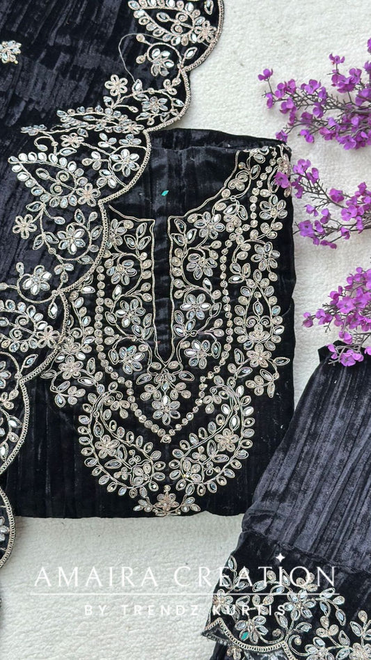 Premium Black Velvet Mirror & Zari Work Unstitched Suit
