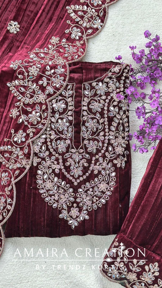 Premium Maroon Velvet Mirror & Zari Work Unstitched Suit