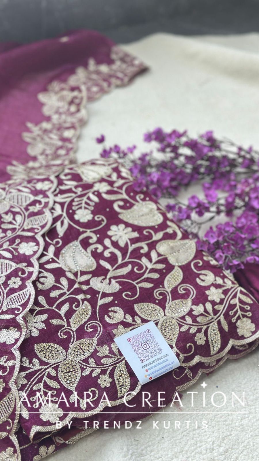 Premium Glass Tissue Wine  Zari Work Unstitched Set