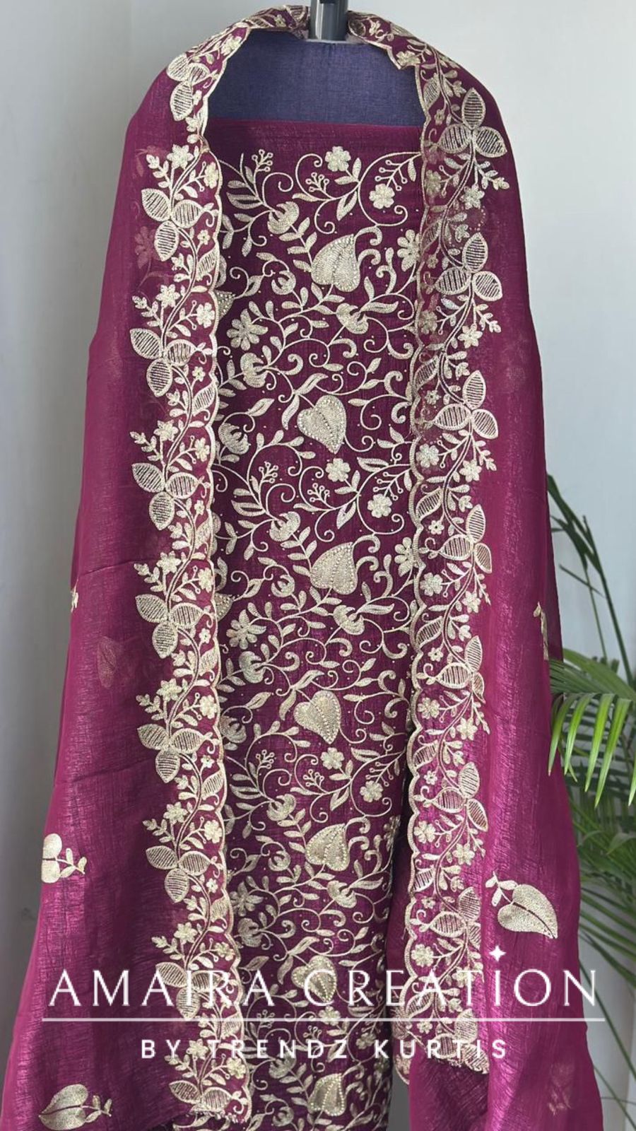 Premium Glass Tissue Wine  Zari Work Unstitched Set