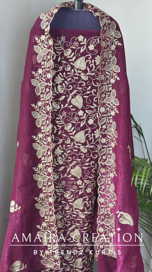 Premium Glass Tissue Wine  Zari Work Unstitched Set