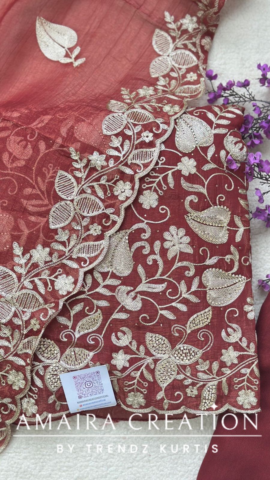 Premium Glass Tissue Rust Zari Work Unstitched Set