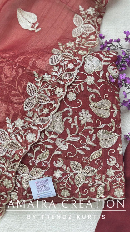 Premium Glass Tissue Rust Zari Work Unstitched Set