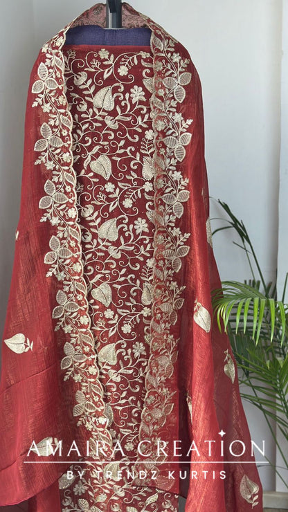 Premium Glass Tissue Rust Zari Work Unstitched Set
