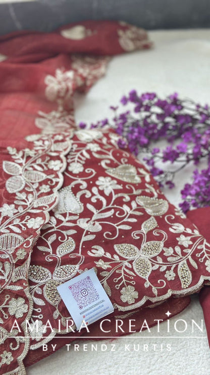 Premium Glass Tissue Rust Zari Work Unstitched Set