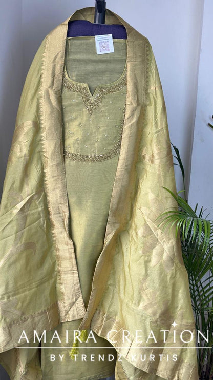 Premium Glass Tissue Pista Green Colour Unstitched Suit With Banarasi dupatta