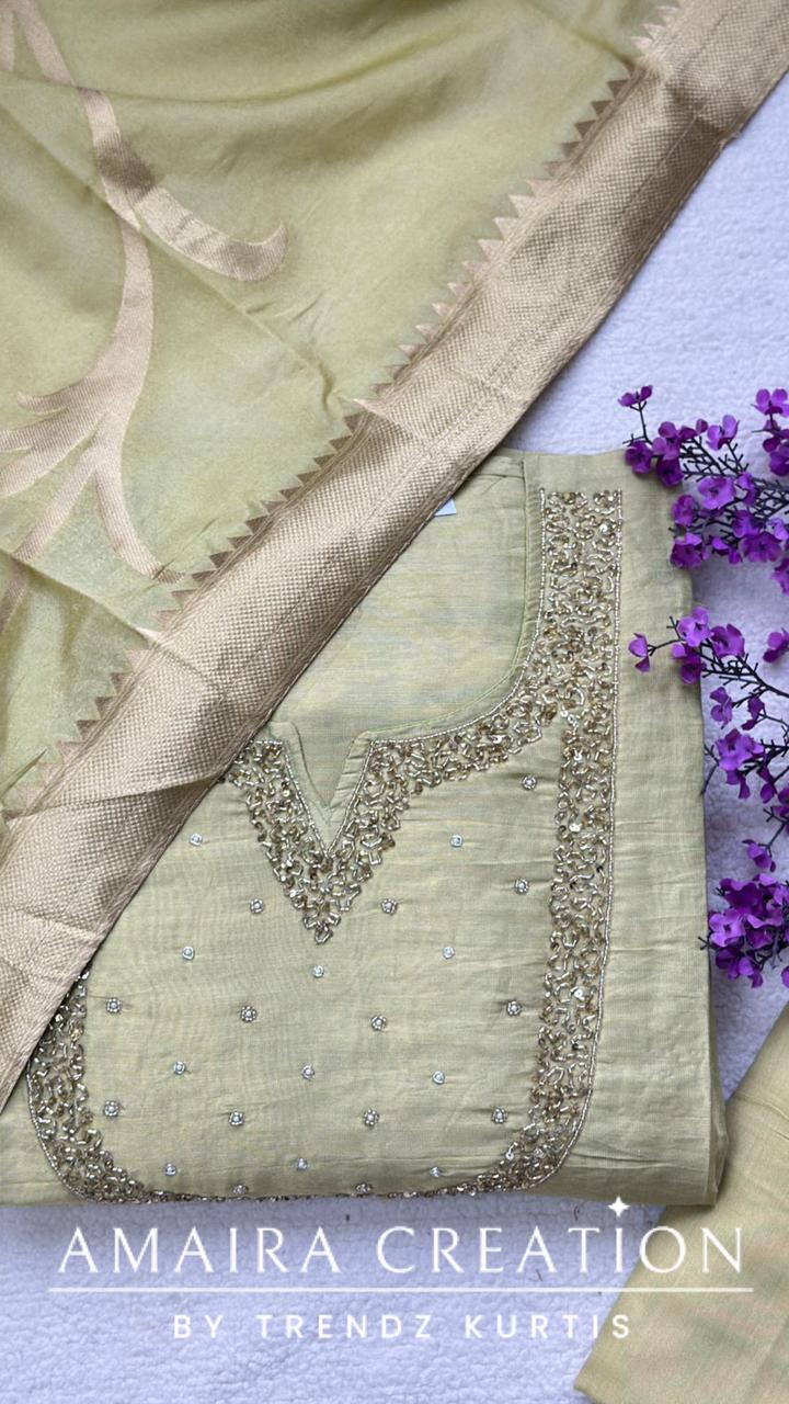 Premium Glass Tissue Pista Green Colour Unstitched Suit With Banarasi dupatta