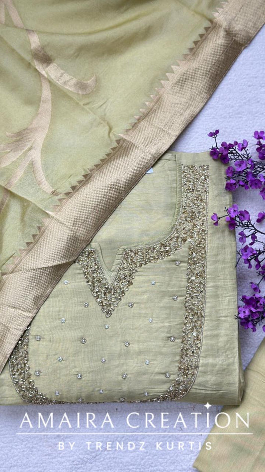 Premium Glass Tissue Pista Green Colour Unstitched Suit With Banarasi dupatta