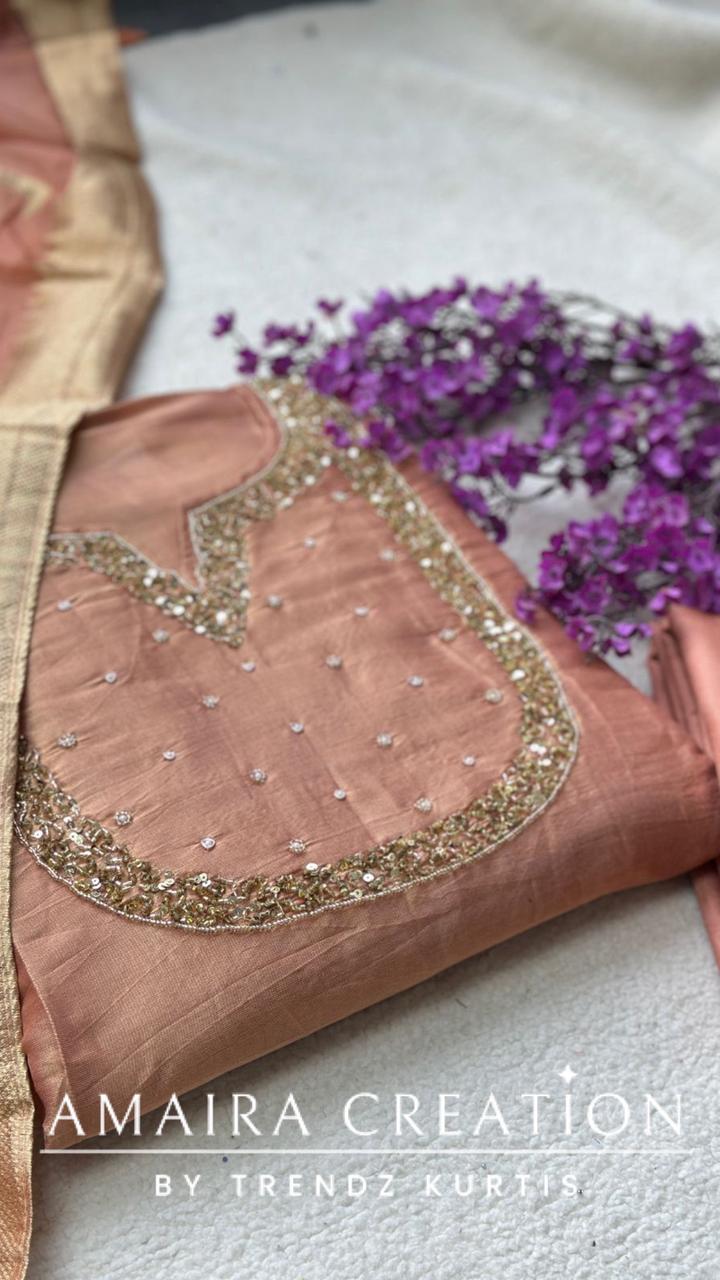Premium Glass Tissue Champagne Unstitched Suit With Banarasi dupatta