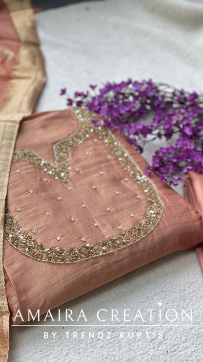 Premium Glass Tissue Champagne Unstitched Suit With Banarasi dupatta