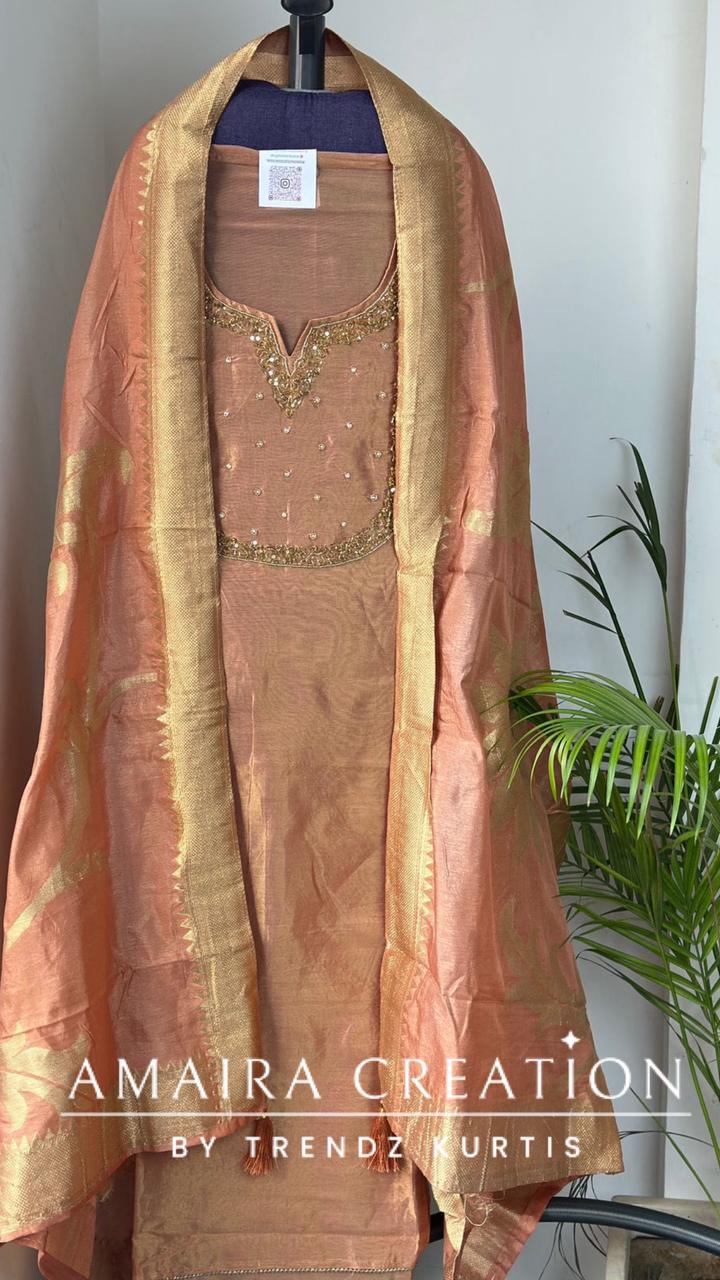 Premium Glass Tissue Champagne Unstitched Suit With Banarasi dupatta