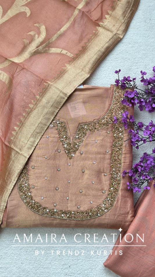Premium Glass Tissue Champagne Unstitched Suit With Banarasi dupatta