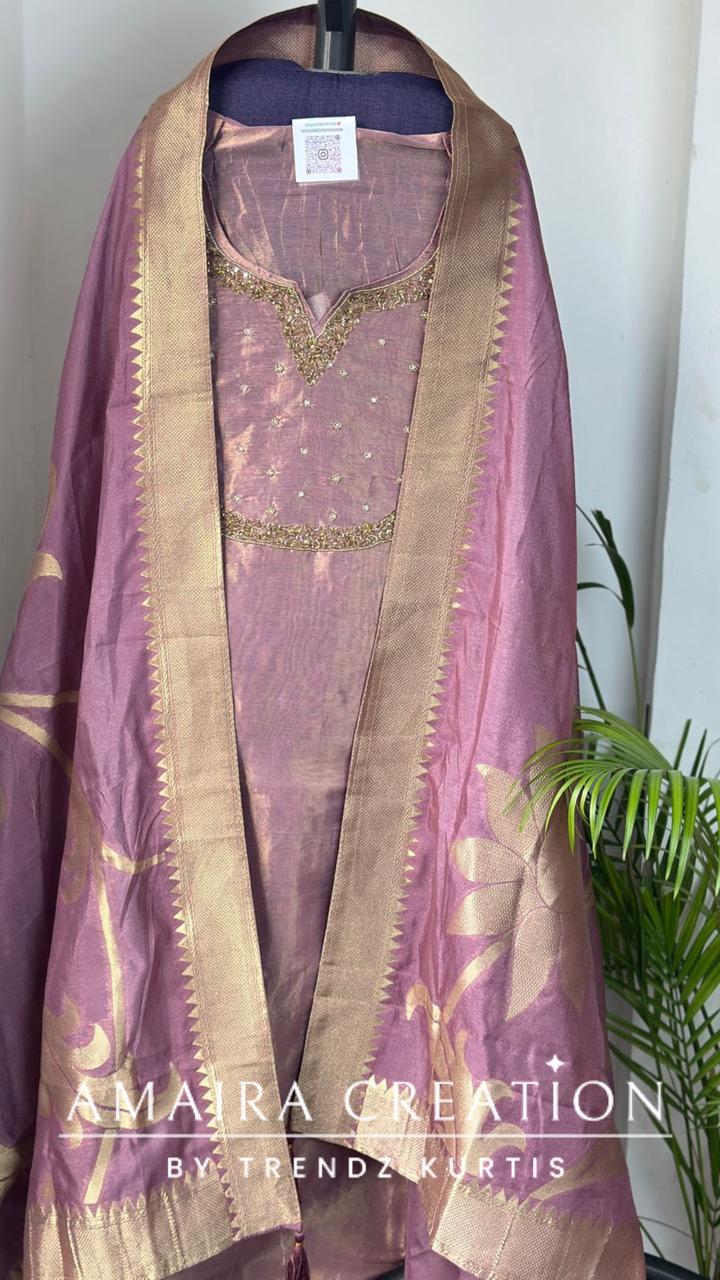 Premium Glass Tissue Lavender Unstitched Suit With Banarasi dupatta