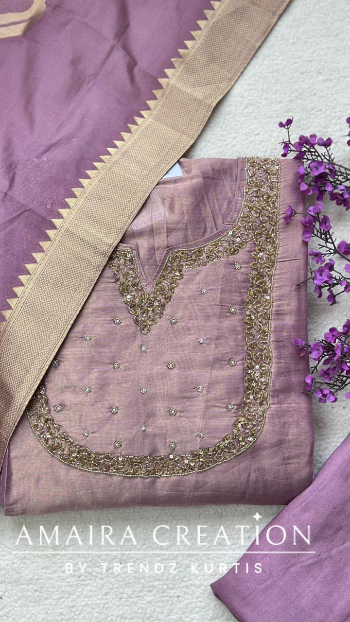 Premium Glass Tissue Lavender Unstitched Suit With Banarasi dupatta