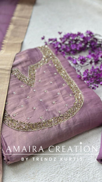 Premium Glass Tissue Lavender Unstitched Suit With Banarasi dupatta
