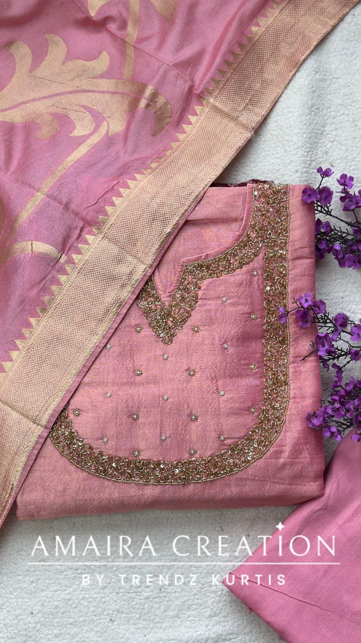 Premium Glass Tissue Peach Unstitched Suit With Banarasi dupatta Rs 1800