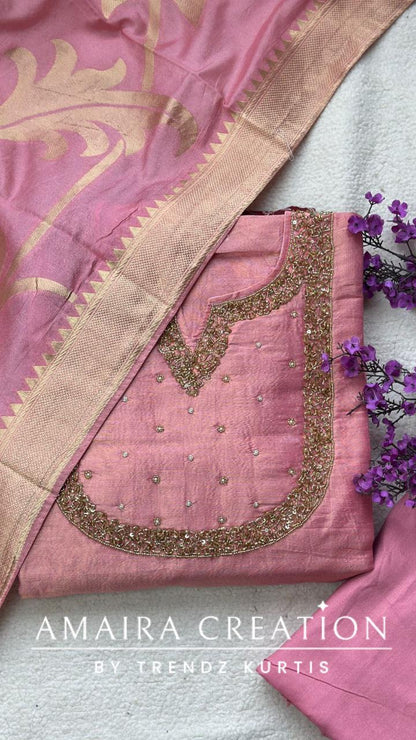 Premium Glass Tissue Peach Unstitched Suit With Banarasi dupatta Rs 1800