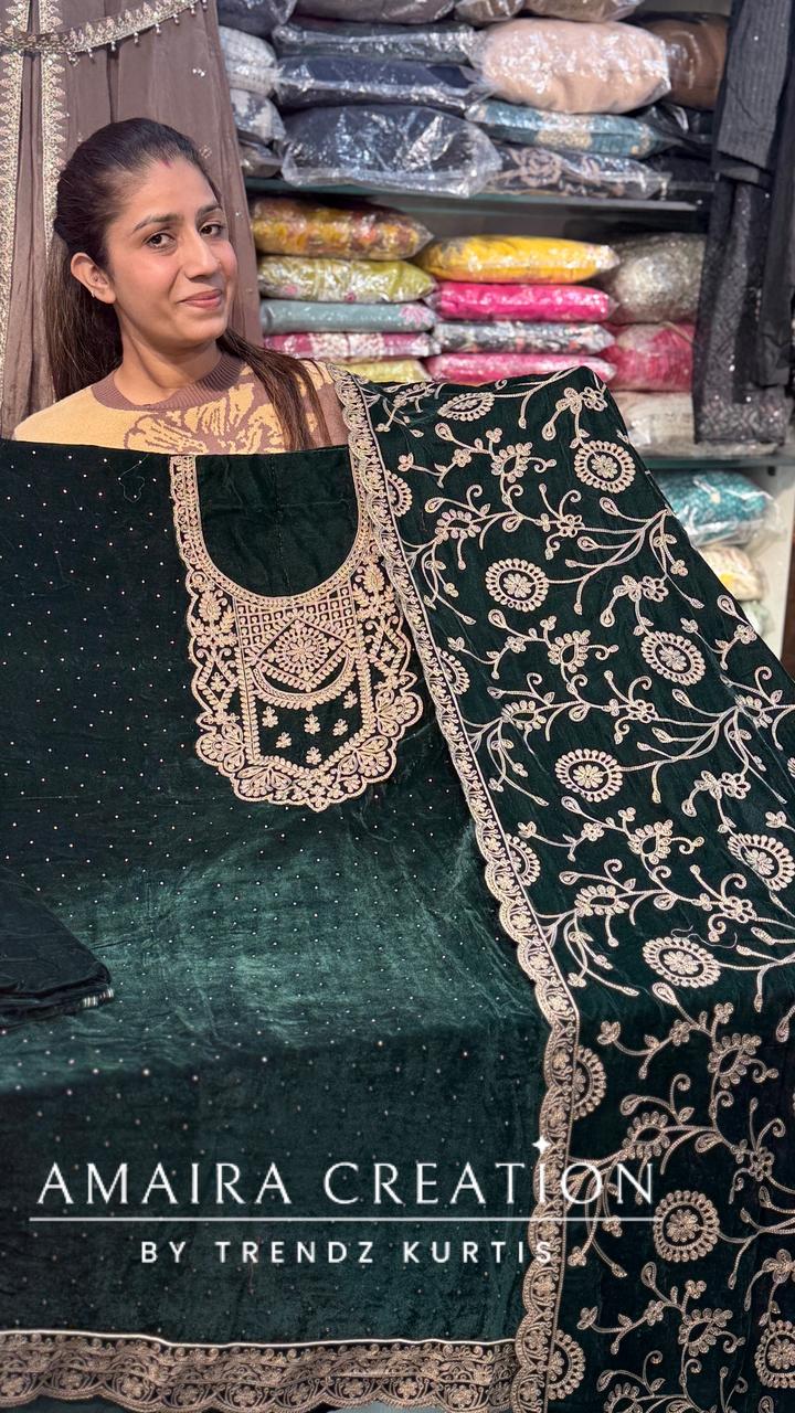 Premium Green Velvet Thread Embroidery Unstitched Suits