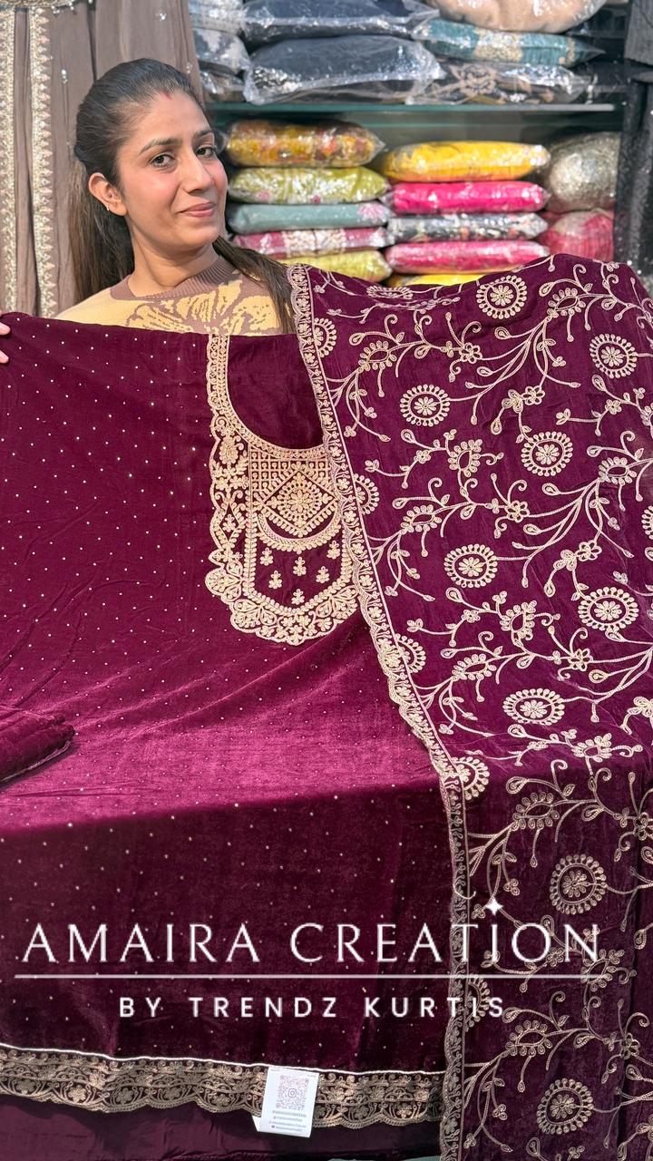 Premium Wine Velvet Thread Embroidery Unstitched Suits