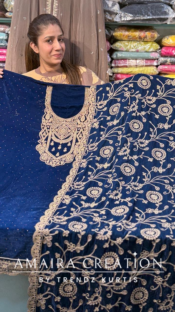 Premium Blue Velvet Thread Embroidery Unstitched Suits