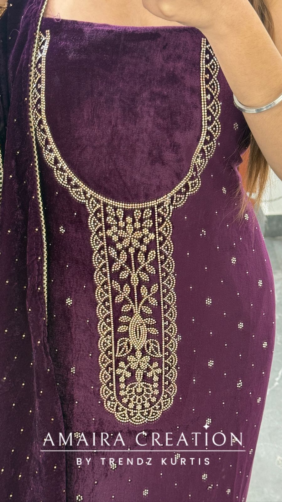 Premium Heavy Velvet Wine Color Siroski Work Detailing Unstitch Suit