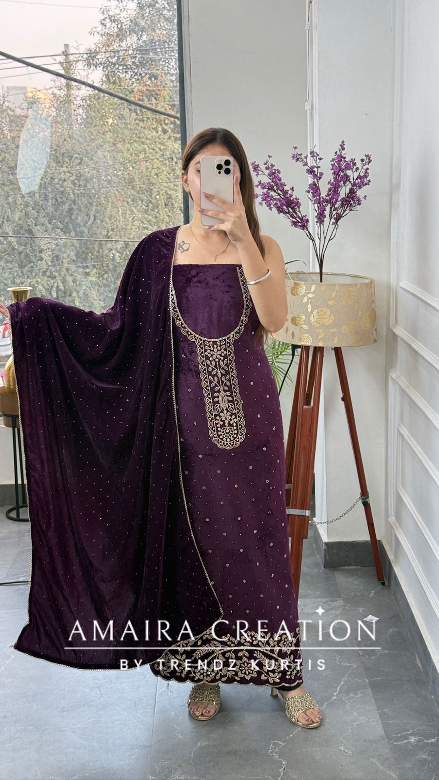 Premium Heavy Velvet Wine Color Siroski Work Detailing Unstitch Suit