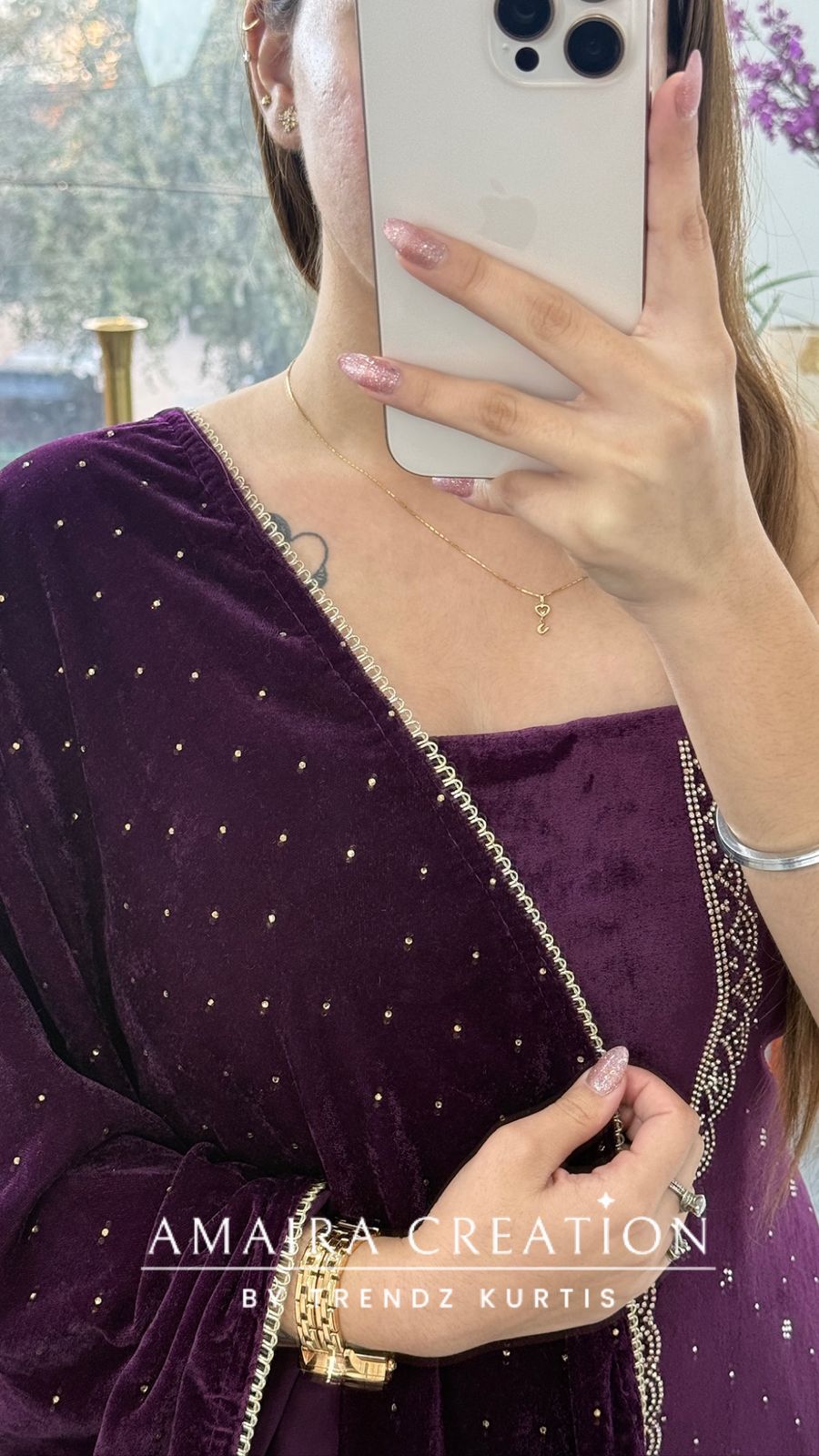 Premium Heavy Velvet Wine Color Siroski Work Detailing Unstitch Suit