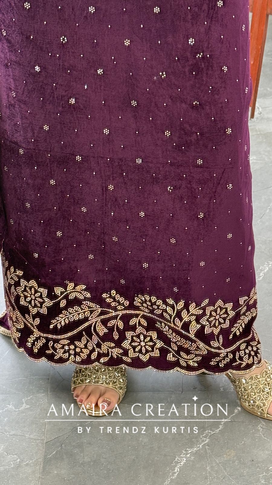 Premium Heavy Velvet Wine Color Siroski Work Detailing Unstitch Suit